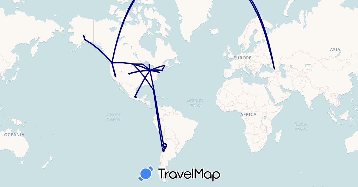 TravelMap itinerary: driving in Argentina, Chile, Mexico, Russia, United States (Europe, North America, South America)